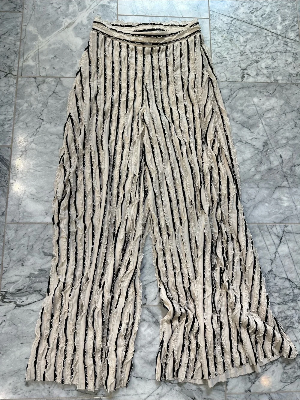 ZARA Cream Black Stripe Ruffle Knit Wide Leg Pants